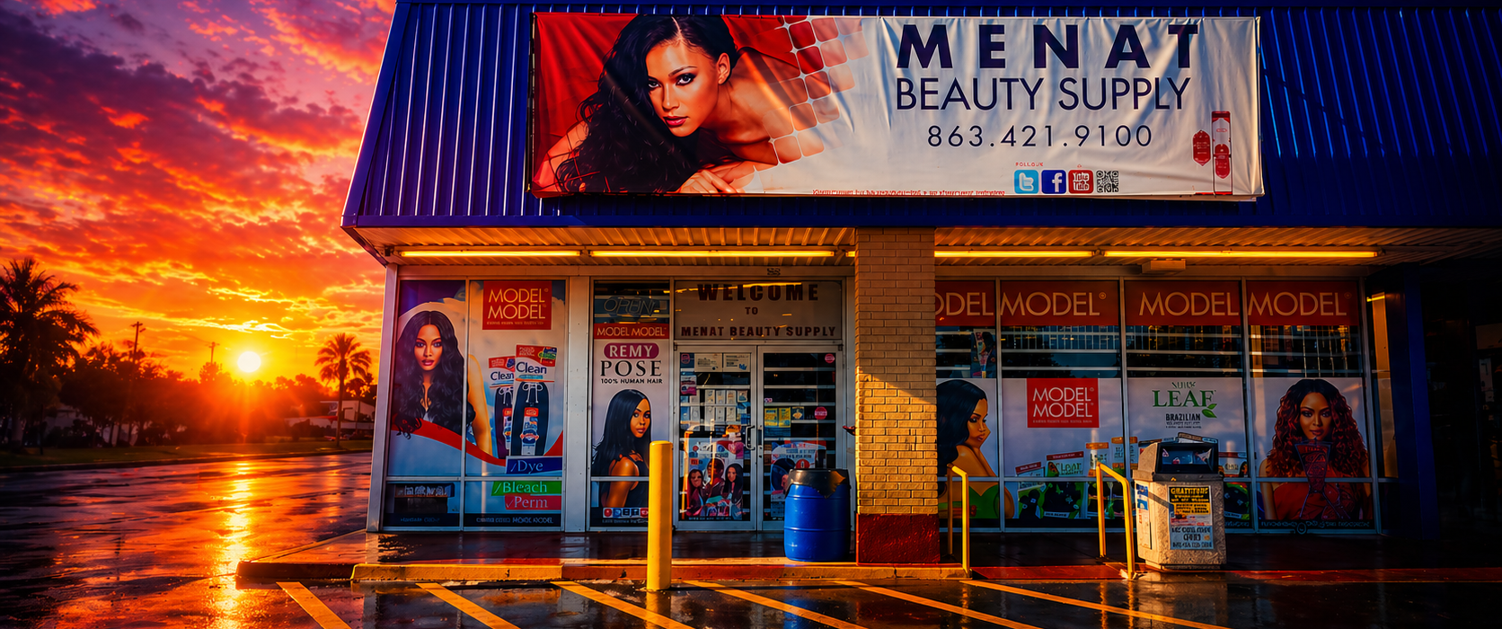 The Menat Beauty Supply storefront in Haines City, Florida at sunset