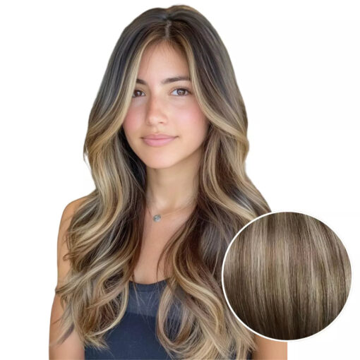 Remy Invisible PU Clip-In Hair Extensions — Balayage Brown with Blonde (#3/8/22)