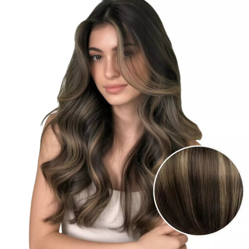 Remy Invisible PU Clip In Hair Extensions Balyage Dark Brown #2/8/2
