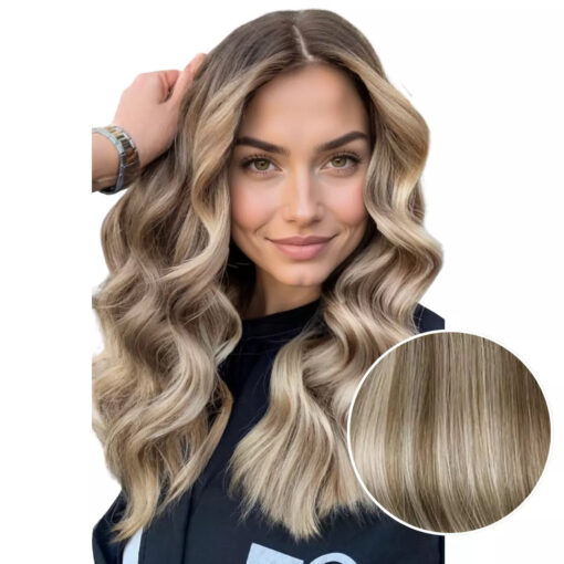 Remy Invisible PU Clip In Hair Extensions Balyage Light Brown #6/60/6